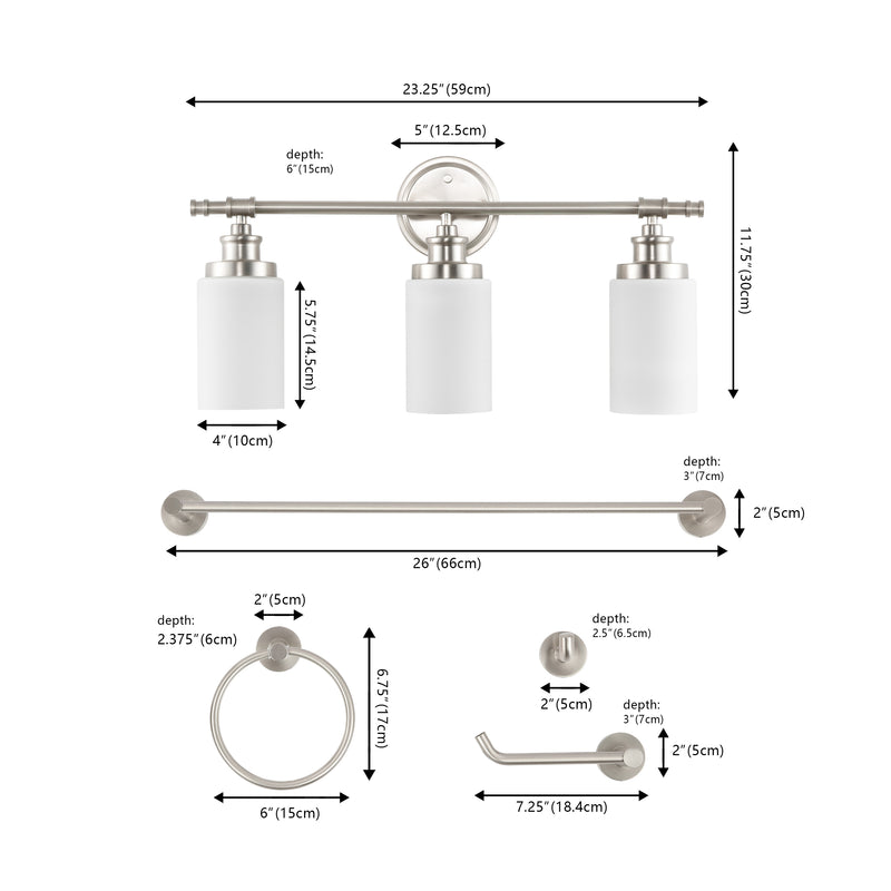 Egan 23.25" 3-Light Classic Cottage Vanity Light with Frosted Glass Shades and Bathroom Hardware Accessory Set - JONATHAN Y