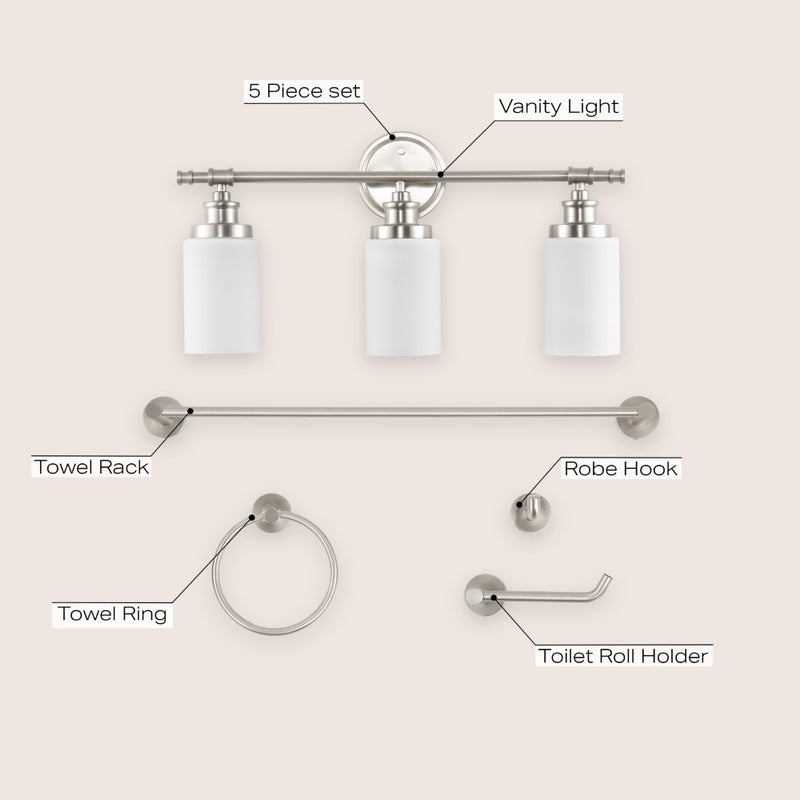 Egan 23.25" 3-Light Classic Cottage Vanity Light with Frosted Glass Shades and Bathroom Hardware Accessory Set - JONATHAN Y