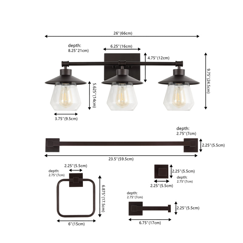Avalon 26" 3-Light Farmhouse Cottage Vanity Light with Bathroom Hardware Accessory Set - JONATHAN Y