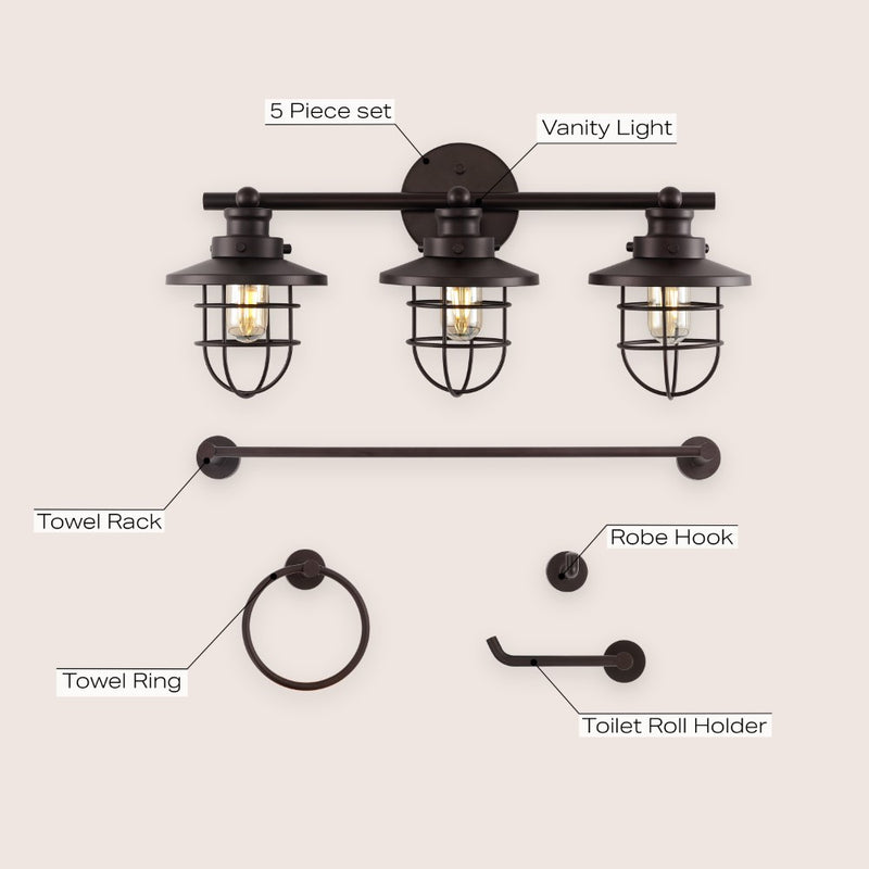 Ellis 24" 3-Light Industrial Farmhouse Vanity Light with Bathroom Hardware Accessory Set - JONATHAN Y