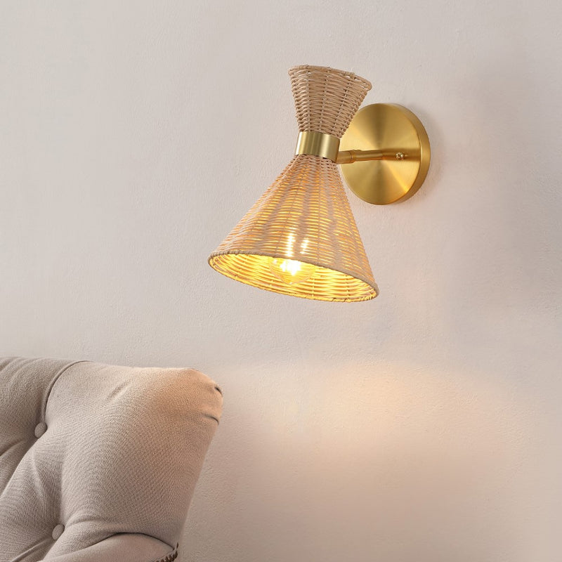 Zoey 10" 1-Light Mid-Century Vintage Retro Rattan/Metal LED Sconce with Adjustable Shade - JONATHAN Y
