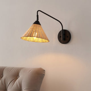 Kiawah 11" 1-Light Vintage Coastal Rattan/Metal Swing Arm LED Sconce - JONATHAN Y