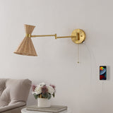 Lily 25" 1-Light Mid-Century Vintage Retro Rattan/Metal USB Charging Swing Arm LED Sconce with Pull Chain - JONATHAN Y