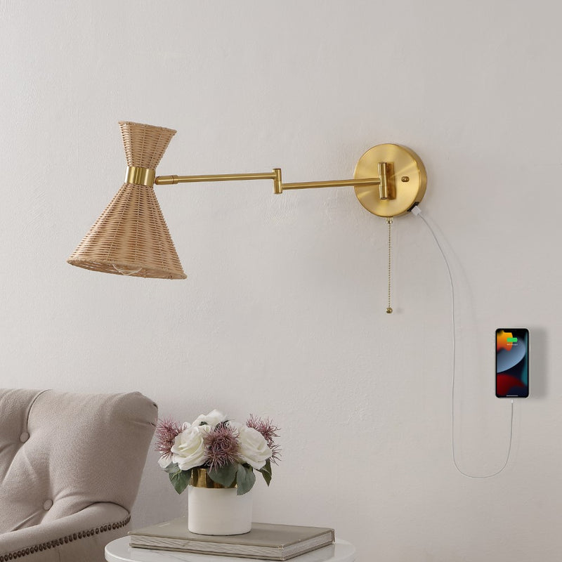 Lily 25" 1-Light Mid-Century Vintage Retro Rattan/Metal USB Charging Swing Arm LED Sconce with Pull Chain - JONATHAN Y