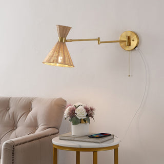 Lily 25" 1-Light Mid-Century Vintage Retro Rattan/Metal USB Charging Swing Arm LED Sconce with Pull Chain - JONATHAN Y