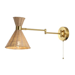 Lily 25" 1-Light Mid-Century Vintage Retro Rattan/Metal USB Charging Swing Arm LED Sconce with Pull Chain - JONATHAN Y