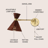 Lily 25" 1-Light Mid-Century Vintage Retro Rattan/Metal USB Charging Swing Arm LED Sconce with Pull Chain - JONATHAN Y