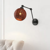 Lyla 22" 1-Light Mid-Century Vintage Rattan Globe Swing Arm LED Sconce - JONATHAN Y