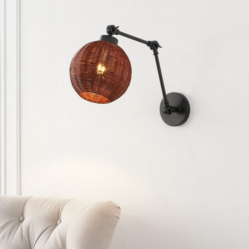 Lyla 22" 1-Light Mid-Century Vintage Rattan Globe Swing Arm LED Sconce - JONATHAN Y