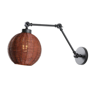 Lyla 22" 1-Light Mid-Century Vintage Rattan Globe Swing Arm LED Sconce - JONATHAN Y