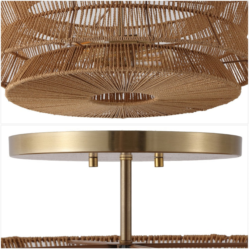 Maya 23.75" 2-Light Bohemian Farmhouse 2-Tier Metal Hand-Woven Paper Rope Tapered Drum LED Semi Flush Mount