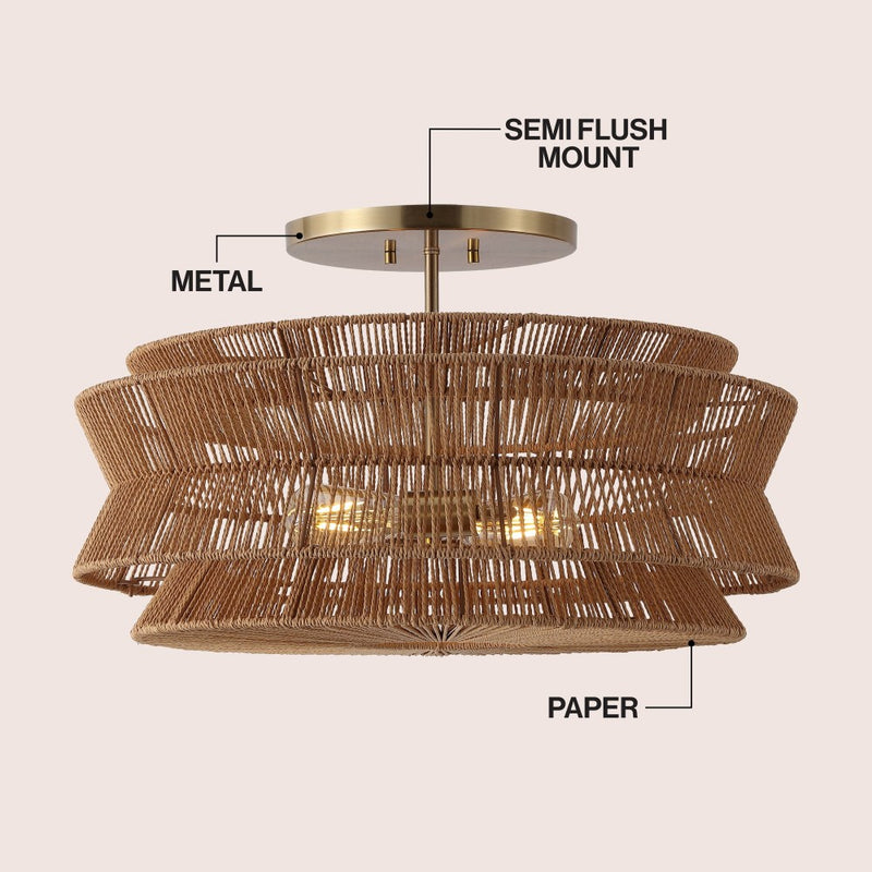 Maya 23.75" 2-Light Bohemian Farmhouse 2-Tier Metal Hand-Woven Paper Rope Tapered Drum LED Semi Flush Mount