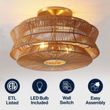 Maya 23.75" 2-Light Bohemian Farmhouse 2-Tier Metal Hand-Woven Paper Rope Tapered Drum LED Semi Flush Mount