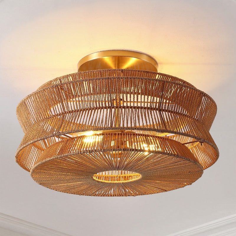 Maya 23.75" 2-Light Bohemian Farmhouse 2-Tier Metal Hand-Woven Paper Rope Tapered Drum LED Semi Flush Mount