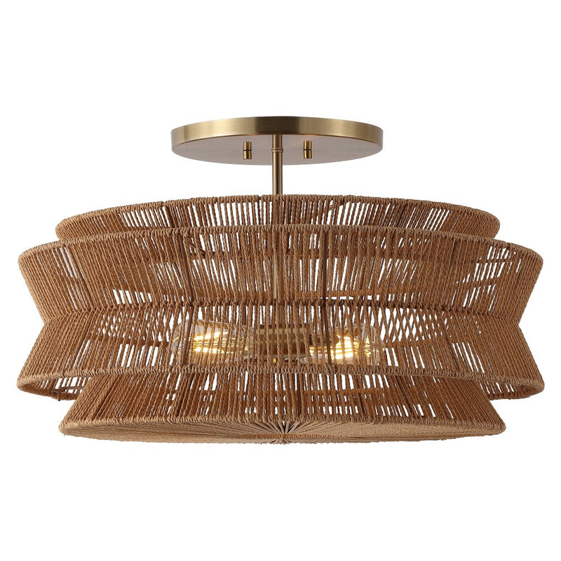 Maya 23.75" 2-Light Bohemian Farmhouse 2-Tier Metal Hand-Woven Paper Rope Tapered Drum LED Semi Flush Mount