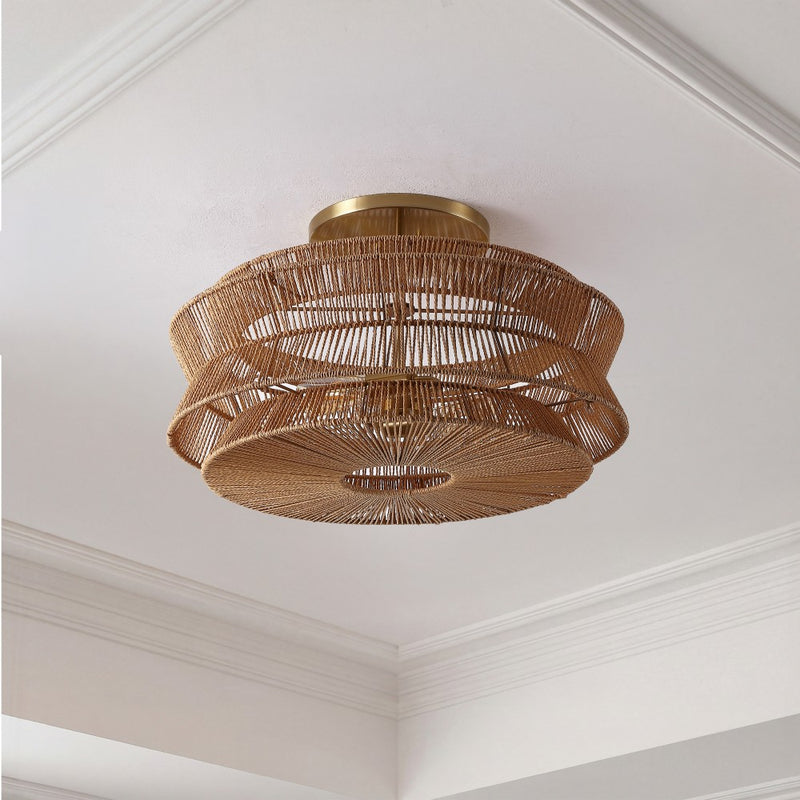 Maya 23.75" 2-Light Bohemian Farmhouse 2-Tier Metal Hand-Woven Paper Rope Tapered Drum LED Semi Flush Mount