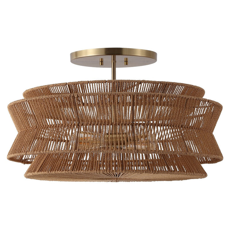 Maya 23.75" 2-Light Bohemian Farmhouse 2-Tier Metal Hand-Woven Paper Rope Tapered Drum LED Semi Flush Mount