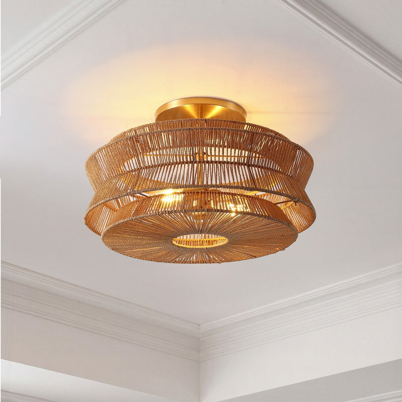 Maya 23.75" 2-Light Bohemian Farmhouse 2-Tier Metal Hand-Woven Paper Rope Tapered Drum LED Semi Flush Mount