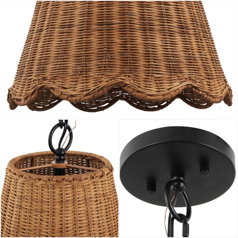 Maria 16" 3-Light Coastal Bohemian Adjustable Hand-Woven Rattan Tapered Scalloped Cylinder LED Pendant