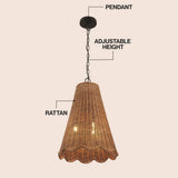 Maria 16" 3-Light Coastal Bohemian Adjustable Hand-Woven Rattan Tapered Scalloped Cylinder LED Pendant