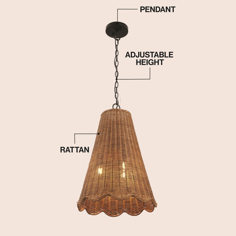 Maria 16" 3-Light Coastal Bohemian Adjustable Hand-Woven Rattan Tapered Scalloped Cylinder LED Pendant