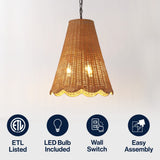 Maria 16" 3-Light Coastal Bohemian Adjustable Hand-Woven Rattan Tapered Scalloped Cylinder LED Pendant