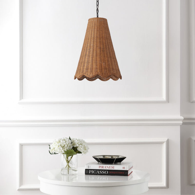 Maria 16" 3-Light Coastal Bohemian Adjustable Hand-Woven Rattan Tapered Scalloped Cylinder LED Pendant
