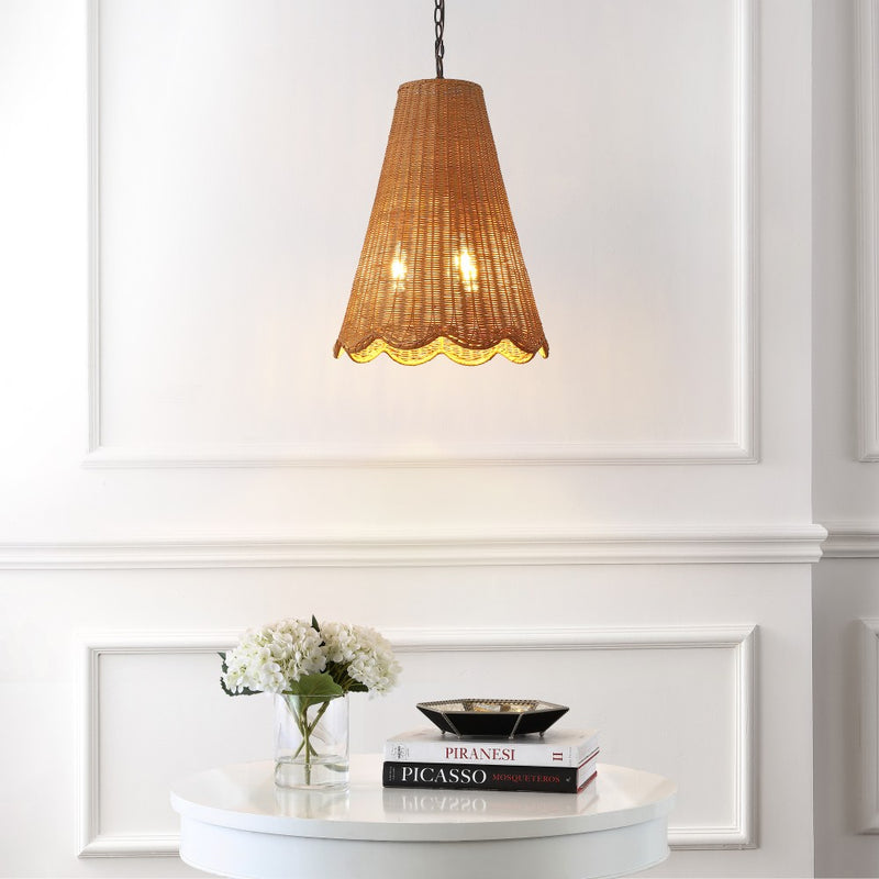 Maria 16" 3-Light Coastal Bohemian Adjustable Hand-Woven Rattan Tapered Scalloped Cylinder LED Pendant