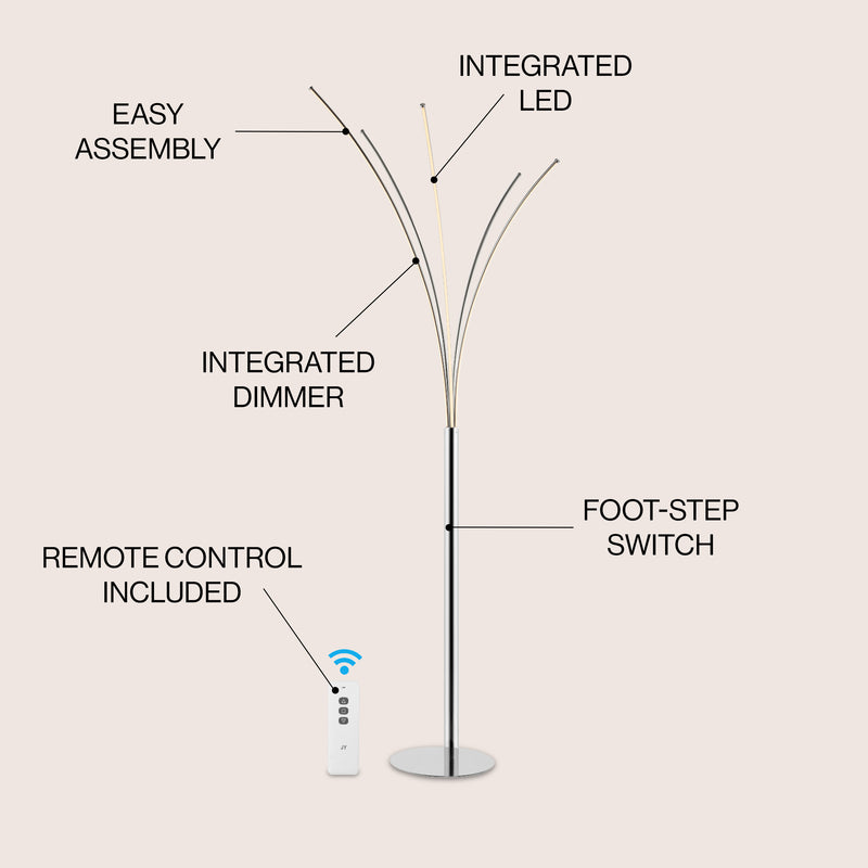 Fuochi 71" Modern Minimalist Metal 5-Branch Arc Dimmable Integrated LED Floor Lamp with Remote Control - JONATHAN Y