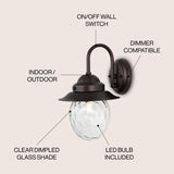 Rodanthe 8.25"  Farmhouse Industrial Iron/Glass Outdoor LED Sconce - JONATHAN Y