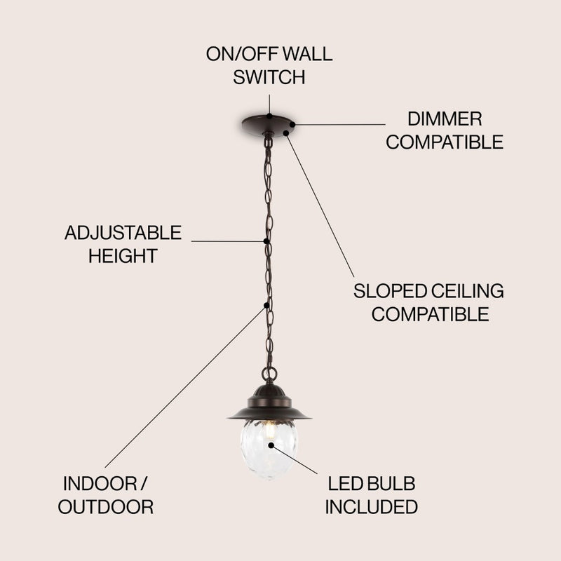 Manteo 8.25"  Farmhouse Industrial Iron/Glass Outdoor LED Pendant - JONATHAN Y