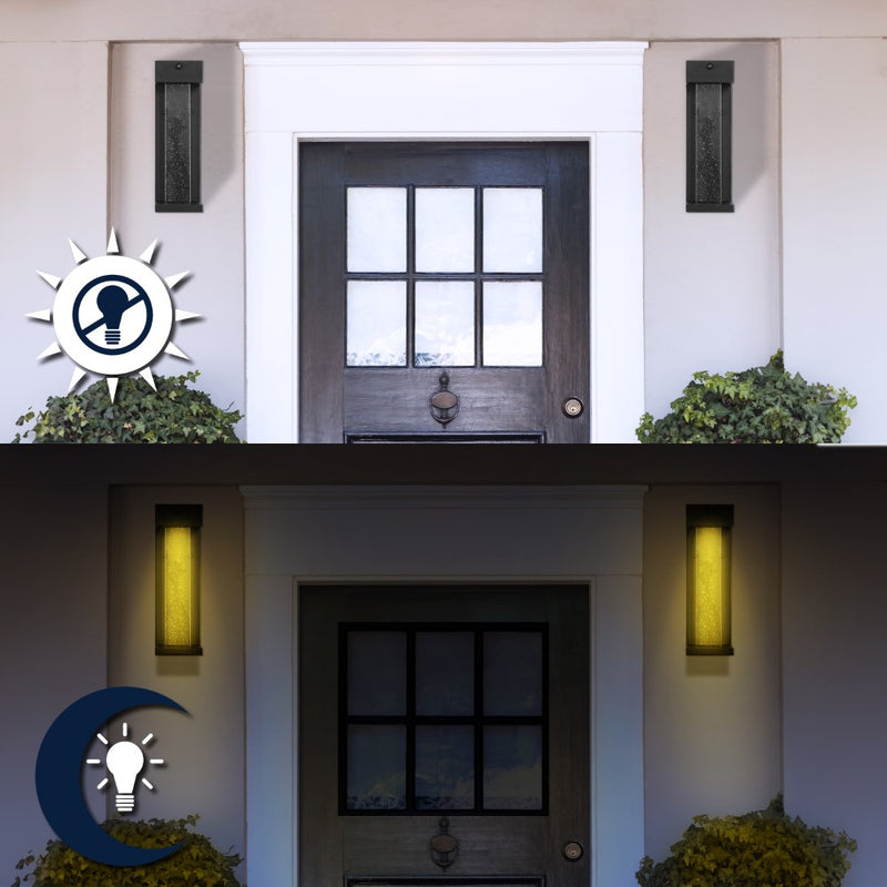 Miranda 5.13" Modern Industrial Iron/Glass Seeded Glass with Dusk-to-Dawn Sensor Integrated LED Outdoor Sconce - JONATHAN Y