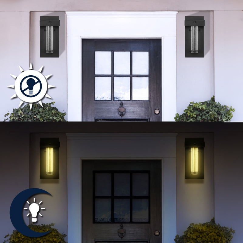 Horizone 5.5" Minimalist Industrial Iron/Glass Seeded Glass with Dusk-to-Dawn Sensor Integrated LED Outdoor Sconce - JONATHAN Y