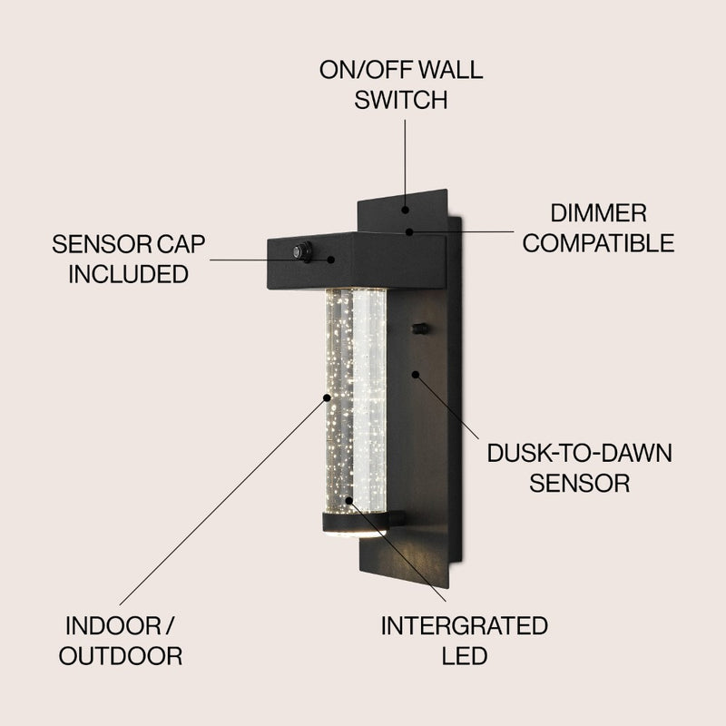 Horizone 5.5" Minimalist Industrial Iron/Glass Seeded Glass with Dusk-to-Dawn Sensor Integrated LED Outdoor Sconce - JONATHAN Y