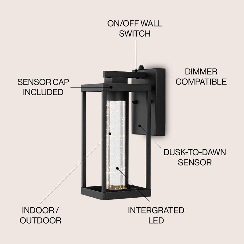 Juno 4.75" Industrial Vintage Iron/Glass Seeded Glass with Dusk-to-Dawn Sensor Integrated LED Outdoor Sconce - JONATHAN Y