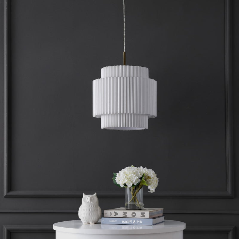 Boden 14.5" 1-Light Vintage Mid-Century Iron LED Pendant with Pleated Shade - JONATHAN Y