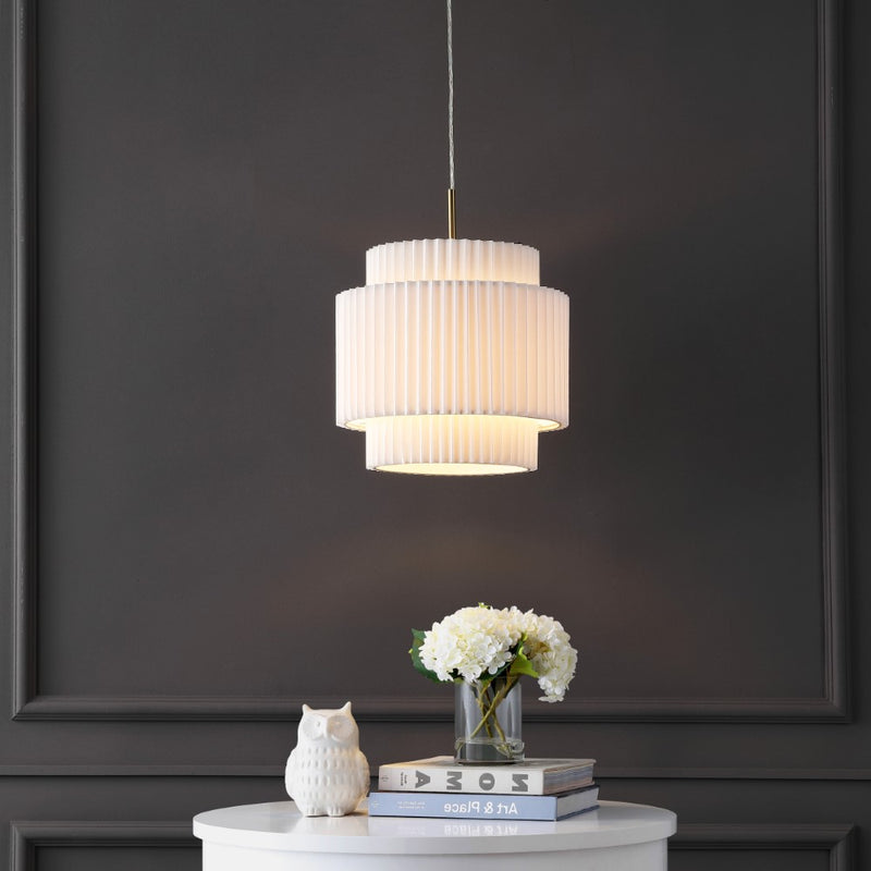 Boden 14.5" 1-Light Vintage Mid-Century Iron LED Pendant with Pleated Shade - JONATHAN Y