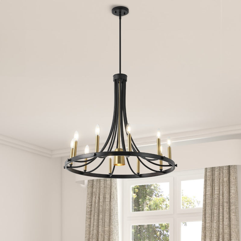 Dante Modern Iron Adjustable Wagon Wheel LED Chandelier with Downlight - JONATHAN Y