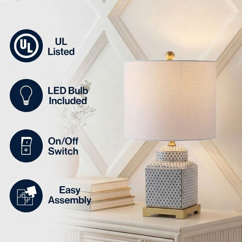 Cleo 21.5" Ceramic/Metal Ginger Jar LED Table Lamp Navy/White – ICONS