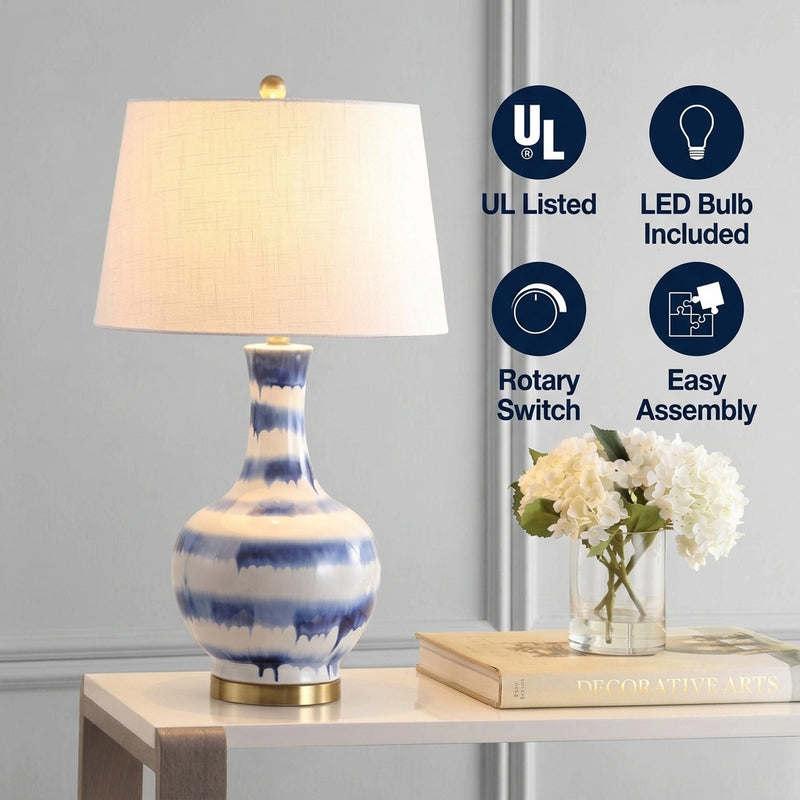 Tucker 30.5" Striped Ceramic/Metal LED Table Lamp Blue/White – ICONS