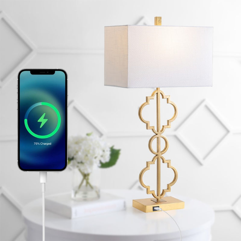 Selina 32" Iron Ogee Trellis Modern  LED USB Table Lamp - JONATHAN Y