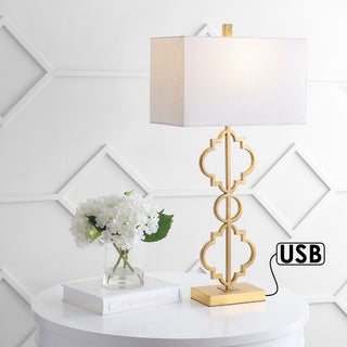 Selina 32" Iron Ogee Trellis Modern  LED USB Table Lamp - JONATHAN Y