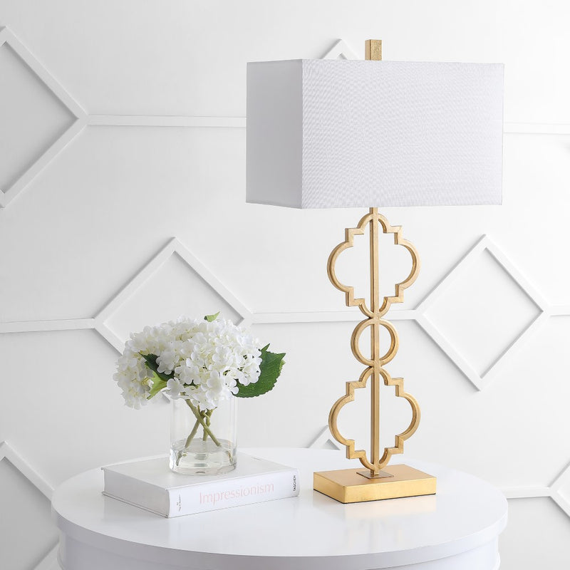 Selina 32" Iron Ogee Trellis Modern  LED USB Table Lamp - JONATHAN Y