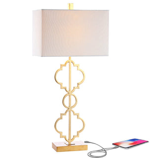 Selina 32" Iron Ogee Trellis Modern  LED USB Table Lamp - JONATHAN Y