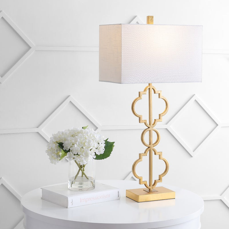 Selina 32" Iron Ogee Trellis Modern  LED USB Table Lamp - JONATHAN Y