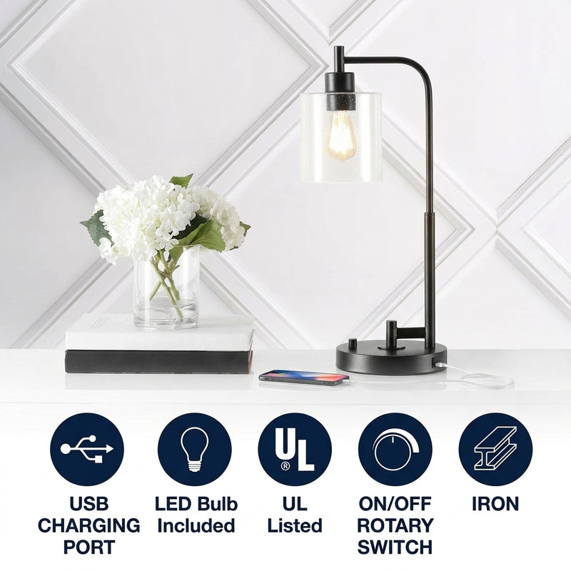 Axel Modern 23" Iron/Seeded Glass Farmhouse Industrial USB Charging LED Task Lamp Black – ICONS