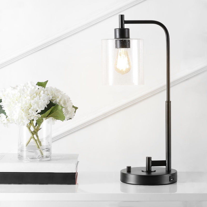 Axel Modern 23" Iron/Seeded Glass Farmhouse Industrial USB Charging LED Task Lamp - JONATHAN Y