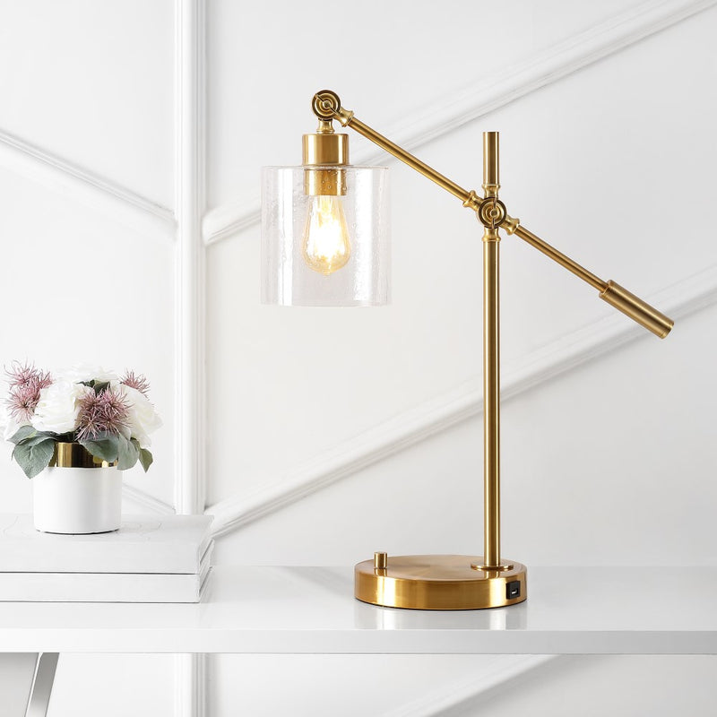 Kathryn Classic 23" Iron/Seeded Glass Adjustable Head Modern USB Charging LED Task Lamp - JONATHAN Y