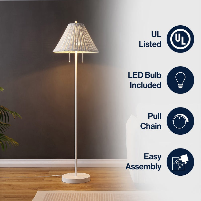 Nando 61"  Coastal Bohemian Iron/Rattan LED Floor Lamp with Pull-Chain