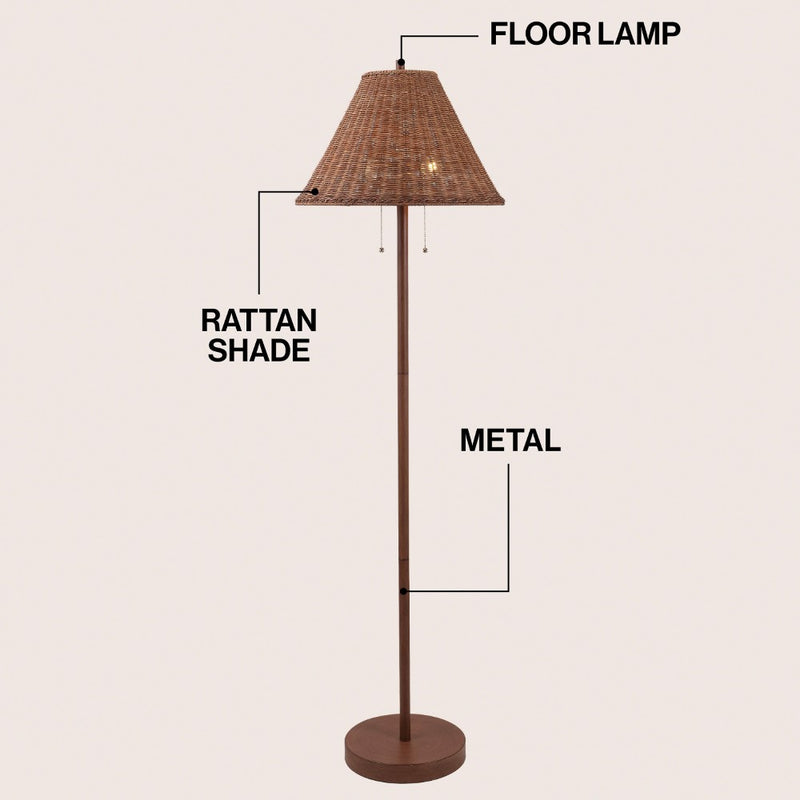 Nando 61"  Coastal Bohemian Iron/Rattan LED Floor Lamp with Pull-Chain
